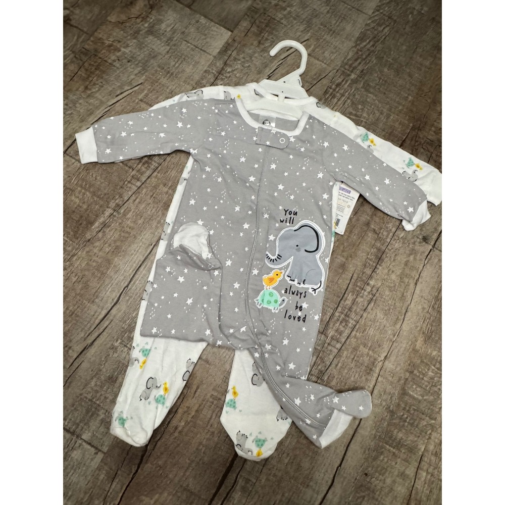 Gerber Baby 2Pk Elephant Star Sleep and Play Footed Pajamas Gray White 0-3M